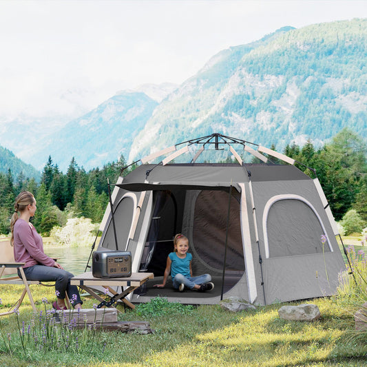 Instant Camping Tent, 2/3/4 Person Easy Setup Family Tent with Vestibule, Rainfly, 4 Mesh Windows & 2 Doors, Hexagonal Design, Waterproof UV Protected Dome Tent, Dark Grey-1