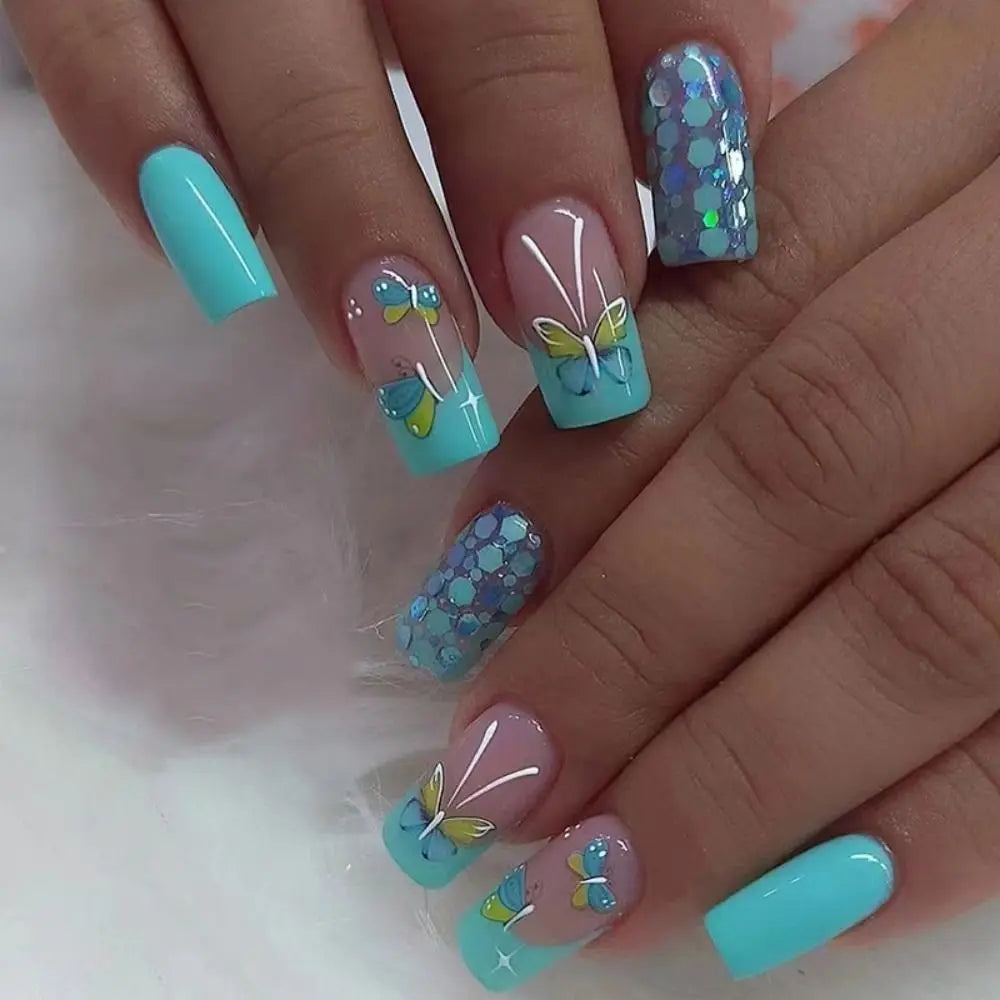 24pcs French Blue Pearl False Nails Set-38