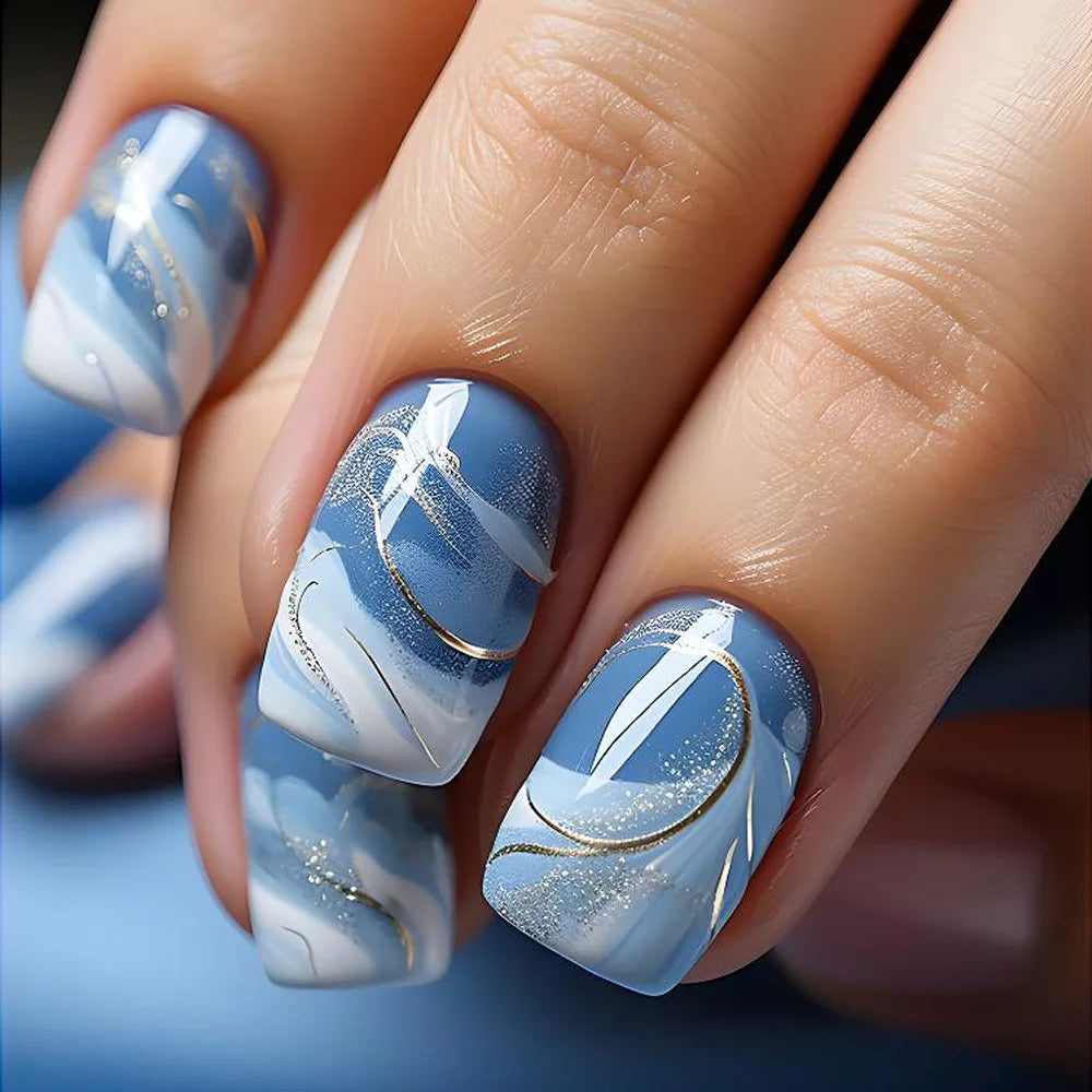 24pcs French Blue Pearl False Nails Set-42